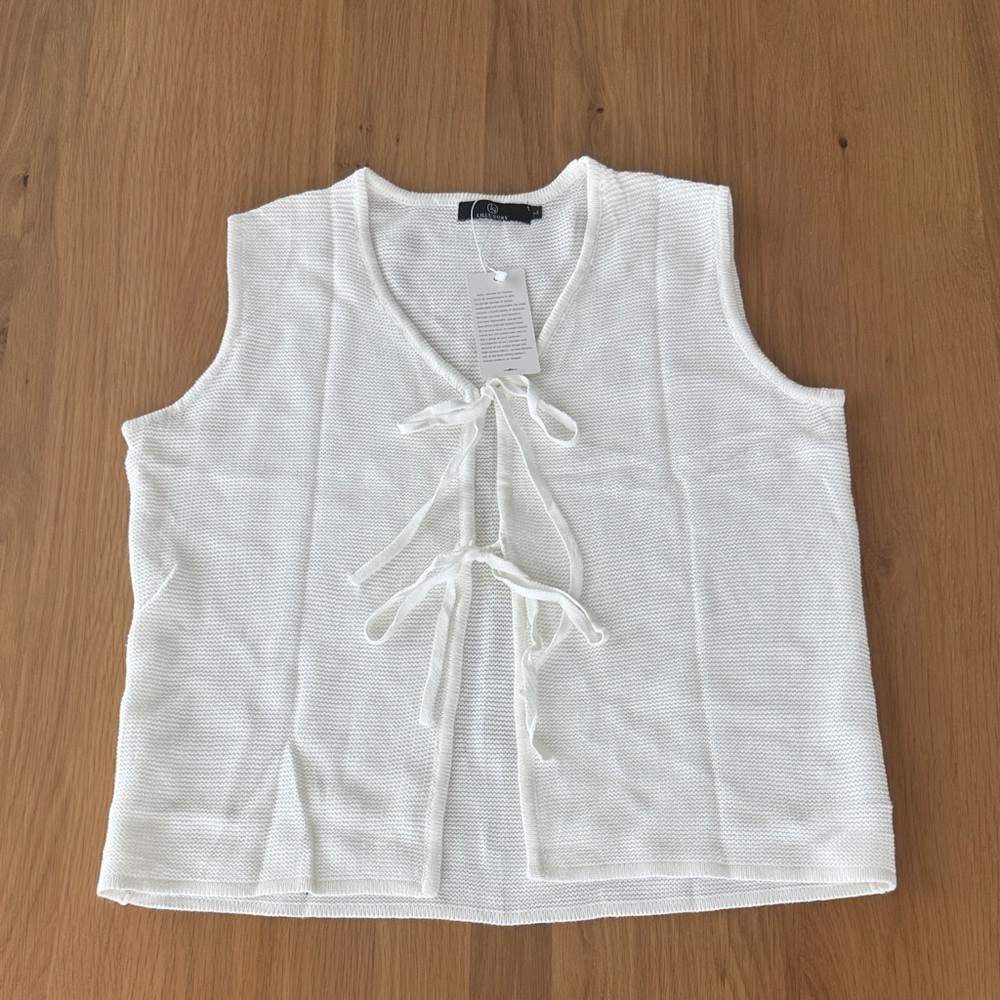 Womens white Summer Sweater Vest 2026 Tank Tie Front Crochet, size L, New